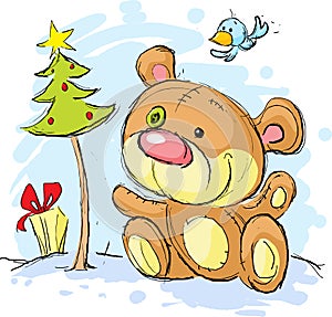 Christmas postcard illustration with bear