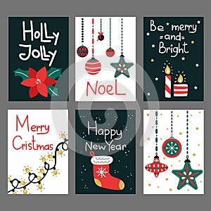 Christmas postcard set. Decorative gifts with xmas ornaments, poinsettia and candles, balls and socks with lettering winter