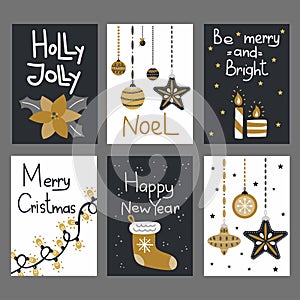 Christmas postcard set. Decorative gifts with xmas ornaments, poinsettia and candles, balls and socks with lettering winter