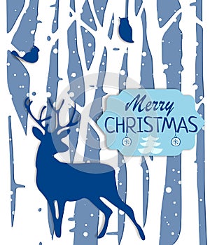 Christmas postcard with trees and deer in blue colors