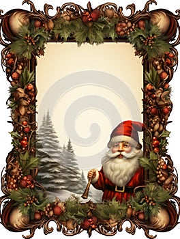 Christmas postcard in vintage European style with decorative frame with fir trees and Santa Claus, vertical image, copy space