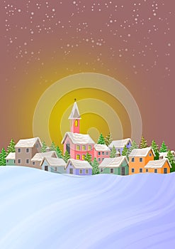 Christmas postcard with winter landscape with snowing sky over small village with church in the center. Ideal for integrating a de