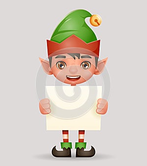 Christmas poster advert broadsheet elf boy santa claus helper new year holiday 3d cartoon design vector illustration