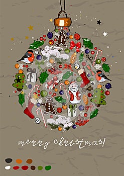 Christmas poster with ball for christmas tree Ink style.