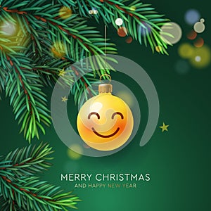 Christmas poster with Christmas ball emoji smiling face hanging on xmas pine fir lush tree. Vector illustration