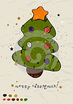 Christmas poster with christmas tree Ink style.