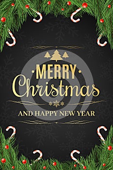 Christmas poster. Christmas tree, snow berries. Happy New Year. Sugar lollipops. Gold text on a dark background with a