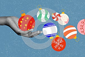 Christmas poster collage of magic tree toys balls fly in air to people hand prepare x mas event on blue color background