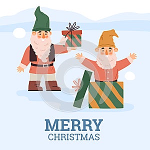 Christmas poster with cute fairy gnome and gifts, cartoon vector illustration.