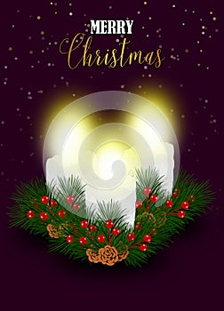 Christmas poster design with three white candles set on purple background