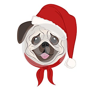 Christmas poster featuring a portrait of a dog wearing a Santa hat. Pug.