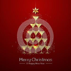 Christmas poster with golden champagne glass. Golden Christmas tree