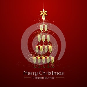 Christmas poster with golden champagne glass. Golden Christmas tree on red background