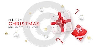 Christmas poster. Holiday sale banner with gift box with red ribbon and bow. Present boxes with New Year decoration