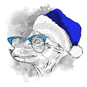 The christmas poster with the image fox portrait in Santa`s hat. Vector illustration.