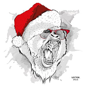 The christmas poster with the image of gorilla portrait in Santa`s hat. Vector illustration.