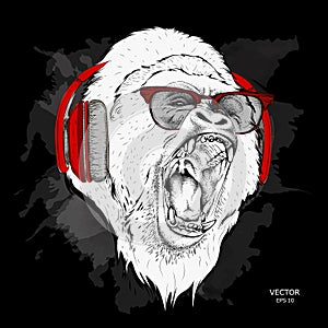 The christmas poster with the image of gorilla portrait in Santa`s hat. Vector illustration.