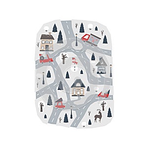 Christmas poster with a map of the winter village. Vector illustration with houses, mountains, trees, cars and animals