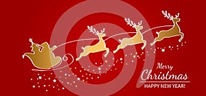 Christmas poster or packaging. Santa Claus on a sleigh with reindeer drawn by one continuous line