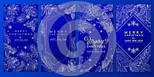 Christmas Poster set. Vector illustration of Christmas Background with branches of christmas tree and silver elements on blue