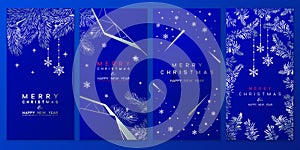 Christmas Poster set. Vector illustration of Christmas Background with branches of christmas tree and silver elements on blue