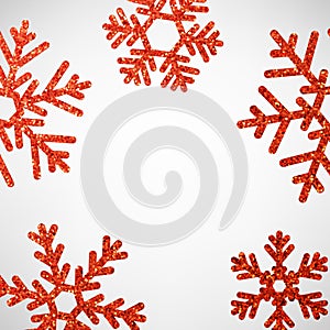 Christmas poster with shiny red glittering snowflakes on a white background