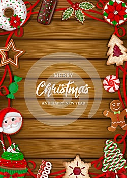 Christmas poster with sweets and red ribbons on wooden background