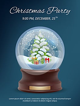 Christmas poster. Transparent crystallizing magic snowglobe christmas party invitation vector placard template