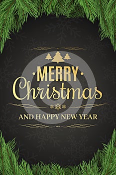 Christmas poster. Christmas tree. Happy New Year. Gold text on a dark background with a pattern of snowflakes. Vector