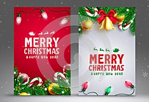Christmas poster vector poster set. Merry christmas text with xmas ornaments of bell, lights and candy cane for xmas collection.