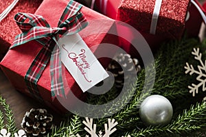 Christmas present boxes close up