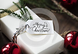 Christmas present boxes on the wooden table