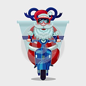 Christmas present delivery. Santa Claus riding on a vintage moto bike.Online store holiday courier service.