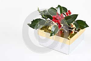 Christmas present gift box with holly and berries