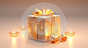 christmas present with a gold ribbon with a candle