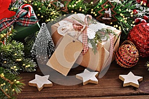 Christmas present in rustic style with paper label