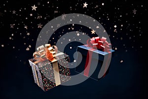 Christmas present shining blue box with golden red bow flying in night star sky on dark background