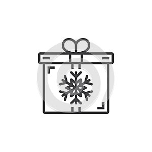 Christmas present symbol. Gift box with snowflake line icon, out