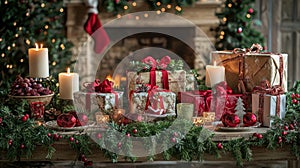 Christmas presents arranged on a festive table photo