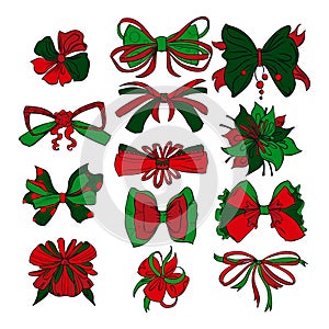 Christmas presents bows set in different styles. Isolated on white background.