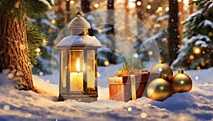Christmas presents and bulbs in snow