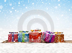 Christmas presents concept snow background 3d-illustration