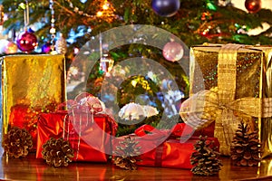 Christmas presents and cones, Christmas tree