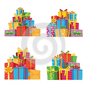 Christmas presents in gift boxes. Birthday present box, xmas gifts pile isolated vector illustration