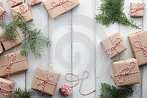 Christmas presents and gift boxes wrapped in kraft paper