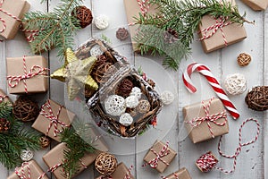 Christmas presents and gift boxes wrapped in kraft paper