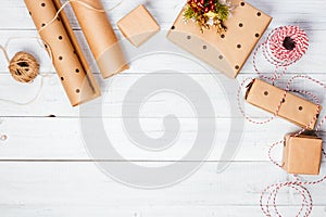 Christmas presents and gift boxes wrapped in kraft paper