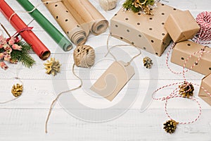 Christmas presents and gift boxes wrapped in kraft paper