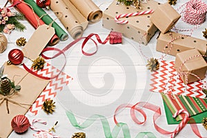 Christmas presents and gift boxes wrapped in kraft paper