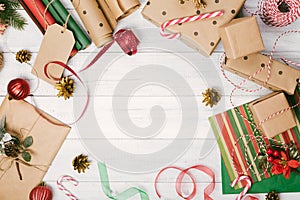 Christmas presents and gift boxes wrapped in kraft paper